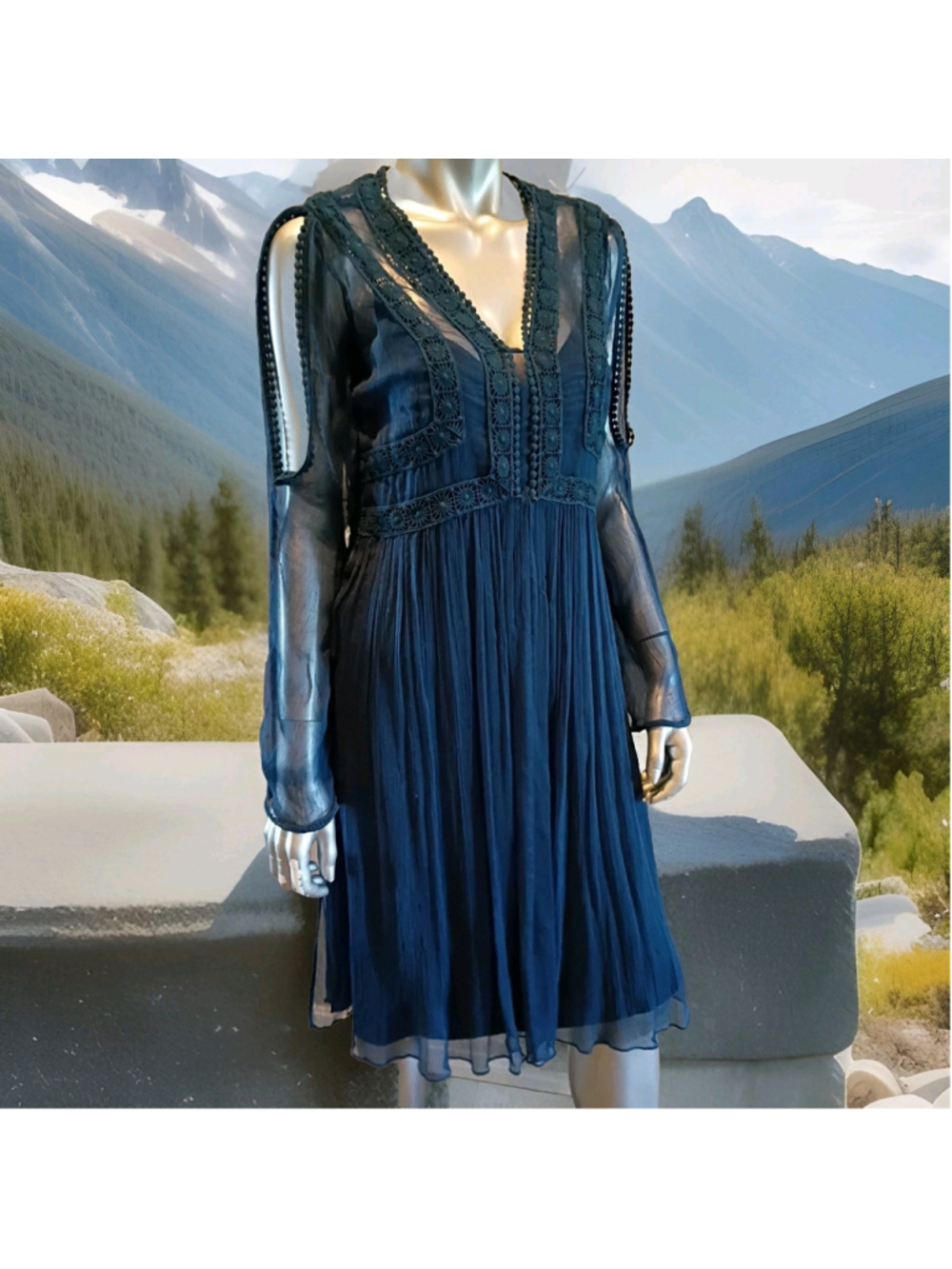 SUNDANCE-"Time After Time" Elegant Boho Dress-Lapis Blue-Sheer CrochetSz 8-